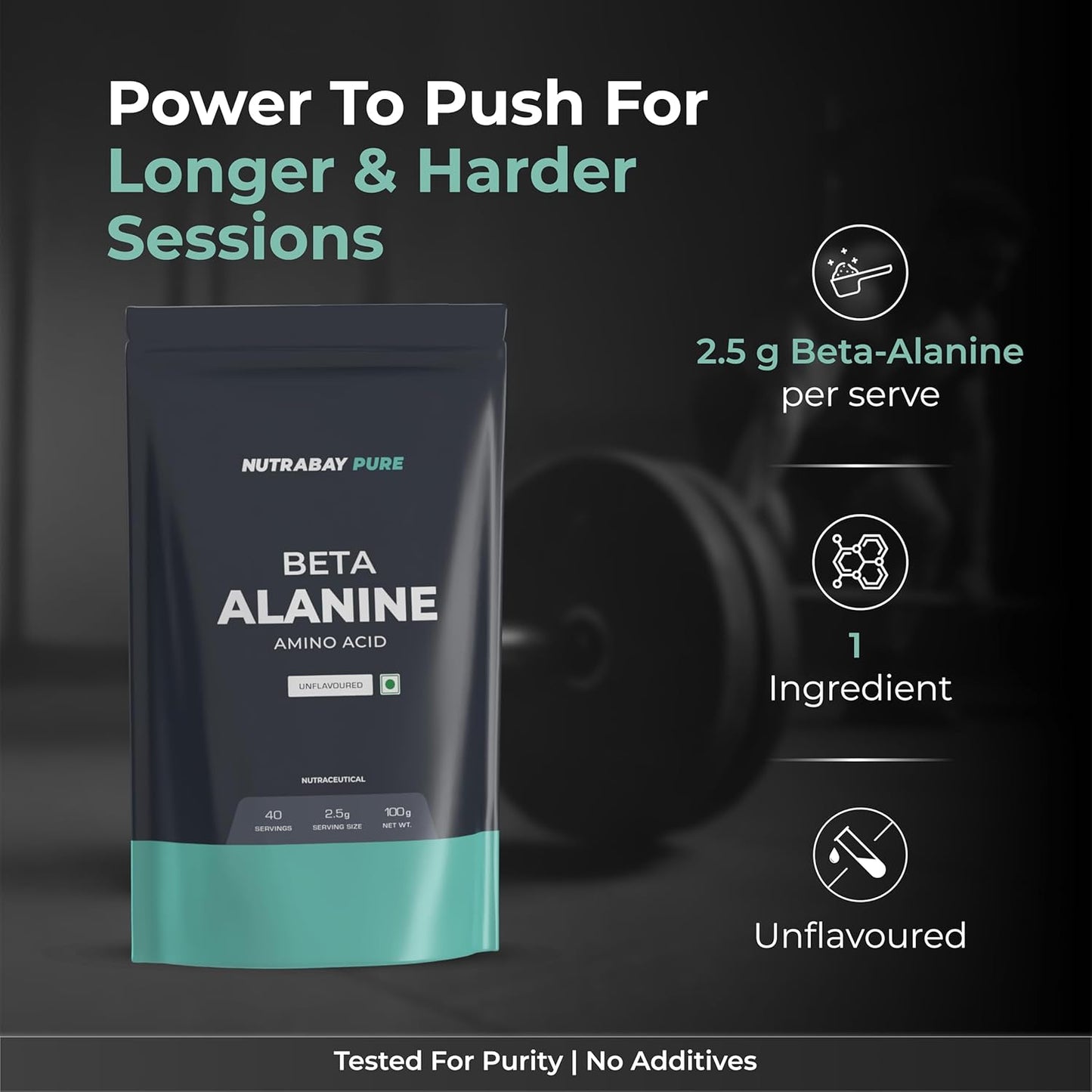 Nutrabay Pure Beta Alanine supplement package with text highlighting benefits on a dark background
