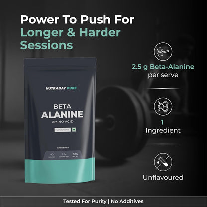 Nutrabay Pure Beta Alanine supplement package with text highlighting benefits on a dark background