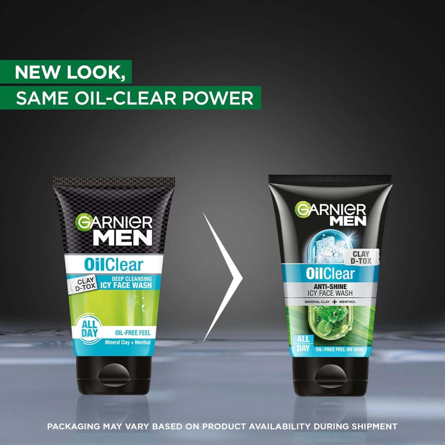 Two Garnier Men OilClear face wash products with a gray background