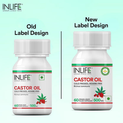 INLIFE Castor Oil Supplement for Hair and Skin, Natural Laxative, Quick Release, 500mg – 60 Liquid Filled Vegetarian Capsules (Pack of 1, 60)