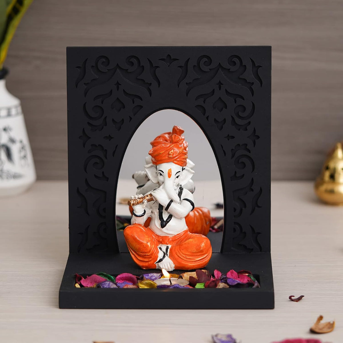 Orange White Resin Lord Ganesha Idol Playing Flute Showpiece Potpourri Tea Light Candle Holder| Ganpati Murti Tea Light Holder Diwali Decoration Items for Home Decor Office| Diwali Gift