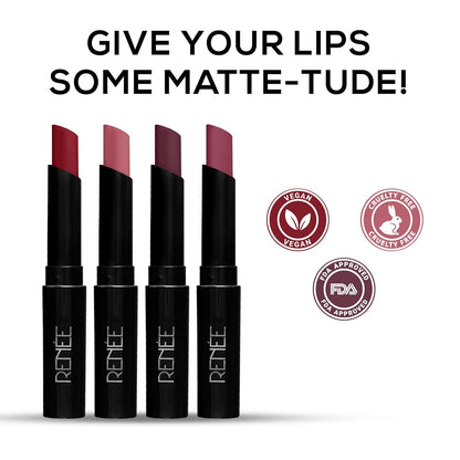 RENEE Very Matte Pack of 4 Matte Lipsticks - Berries, Intense Color Pay Off, Full Coverage, Long Lasting & Weightless, Easy Glide Formula With Velvety Finish, Suitable for All Occasion & Gifting