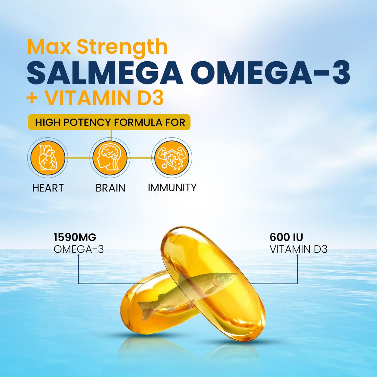 The Old Natural Salmega Omega 3 Fish Oil with Vitamin D3 600 IU – 1590mg High Strength (900mg EPA & 600mg DHA) for Heart, Brain, Joint & Immunity Support – Fish Oil Capsules for Men & Women – 60 Softgels