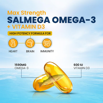 The Old Natural Salmega Omega 3 Fish Oil with Vitamin D3 600 IU – 1590mg High Strength (900mg EPA & 600mg DHA) for Heart, Brain, Joint & Immunity Support – Fish Oil Capsules for Men & Women – 60 Softgels