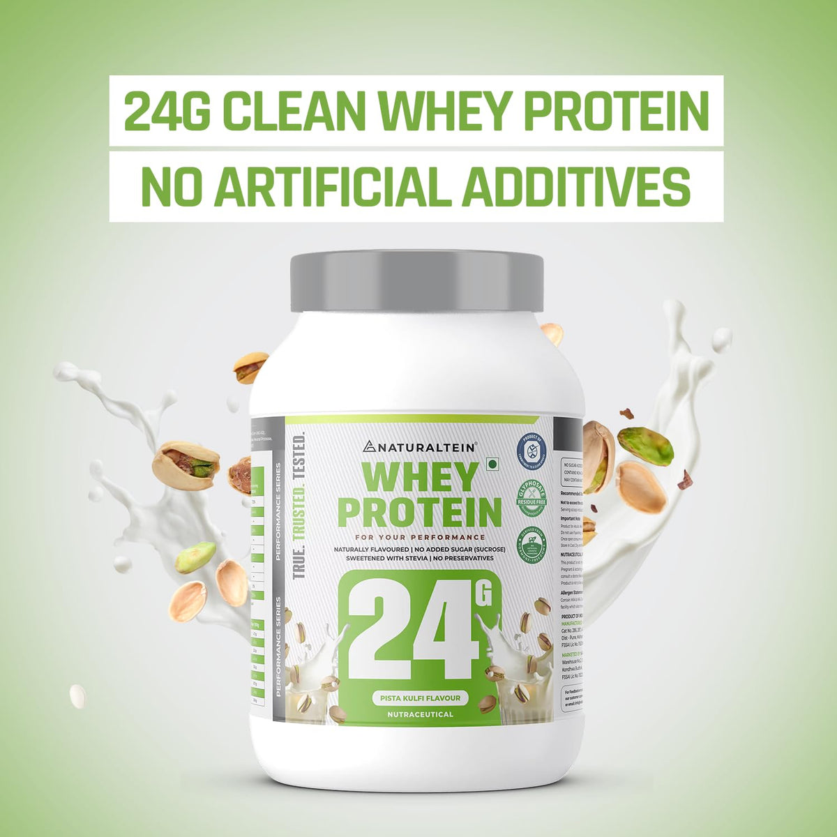 Whey protein container with '24G Clean Whey Protein' text on a green background