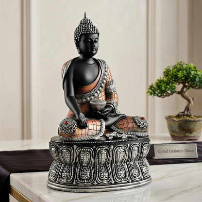 Buddha Statue Showpiece Idol Home Decor Items for Living Room and Gifts (Silver Black Copper)