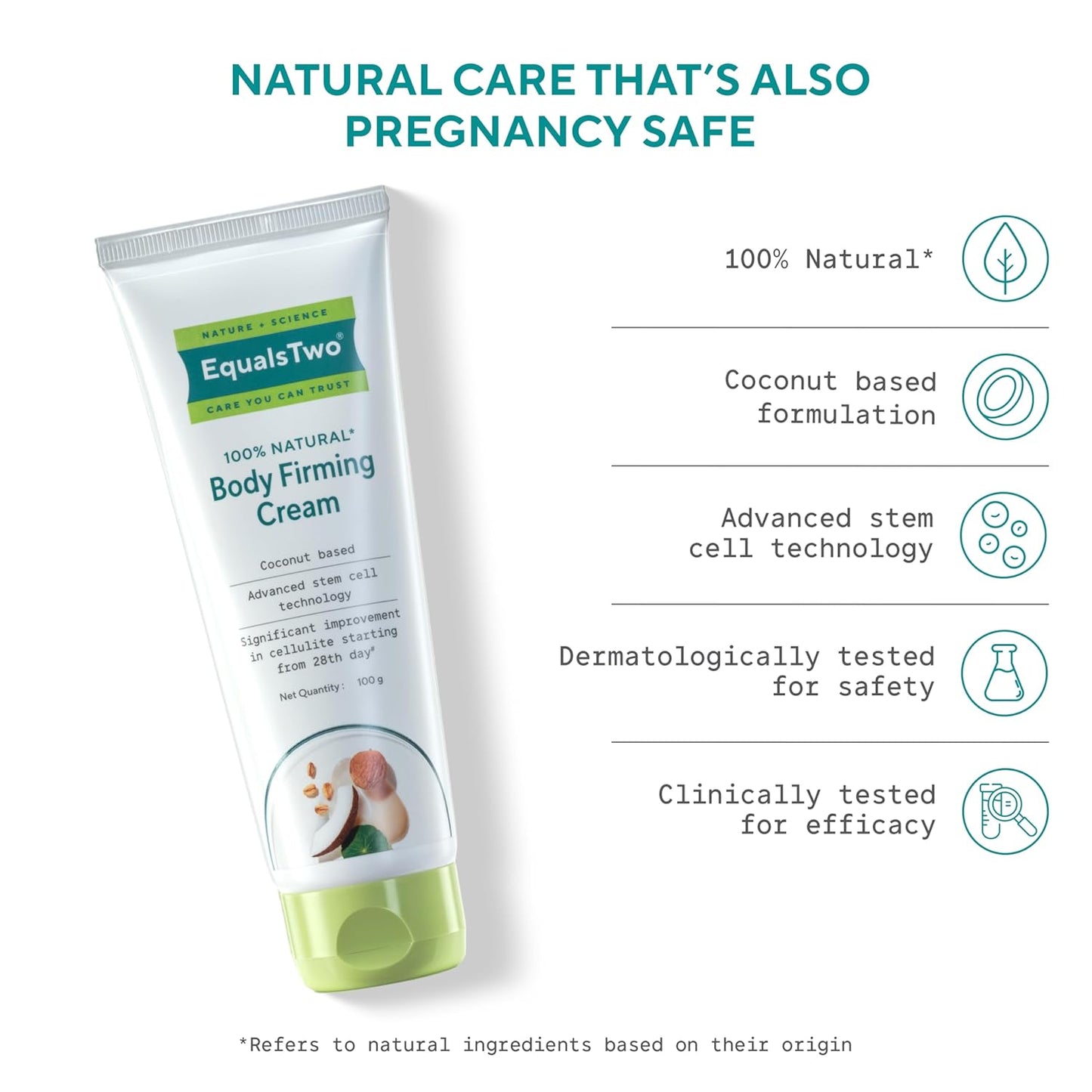 EQUALSTWO by Zydus Body Firming Cream, Anti-Cellulite Cream for Skin Tightening & Elasticity, Enriched with Vitamin C, Shea Butter, Logan Fruit, & Lotus Flower Extract, PH 5.5, Dermatologically Tested, 100ml (Pack 1)
