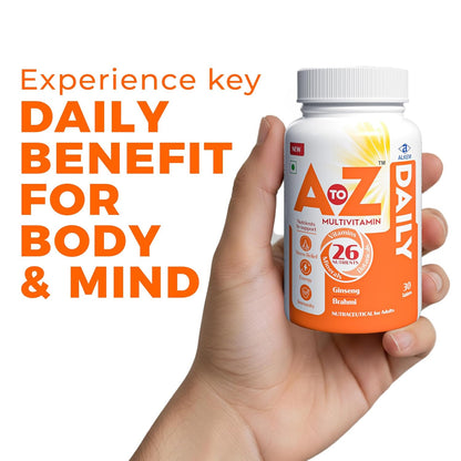 A to Z Daily Multivitamin for Men & Women | 26 Essentials Vitamins & Minerals with Ashwagandha, Brahmi, Ginseng & L-Theanine | Energy, Immunity & Stress Support | 30 Veg Tablets