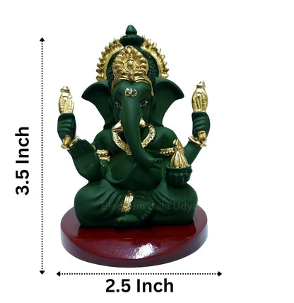 Handcrafted Poly Resin Ganesha Statue with Base - Perfect for Car Dashboard, Office Desk, Shelves, and Home Decor - Ideal Housewarming Gift! (4HandGreenTerracottaMDF)