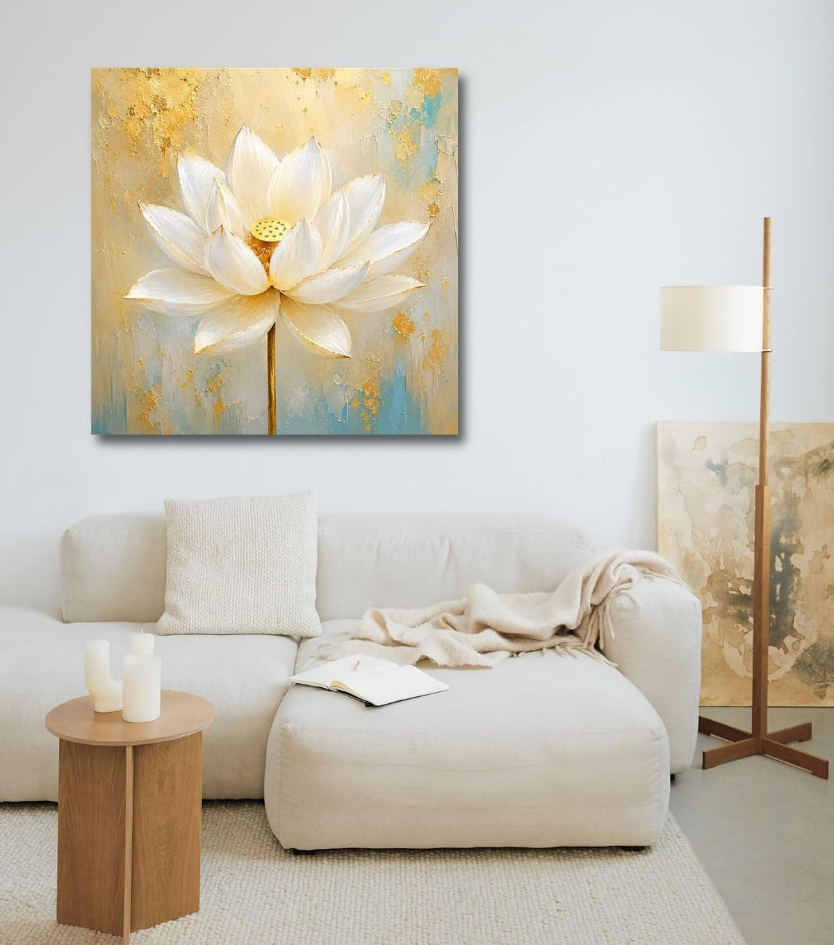 Lotus Flower Painting for Wall Vastu (15+ DESIGNS) Framed Lotus Canvas Painting for Living Room, Bedroom | Nature Floral Wall Art with Multiple Design Variations (White Abstract Lotus, 18x18 Inch, Framed)