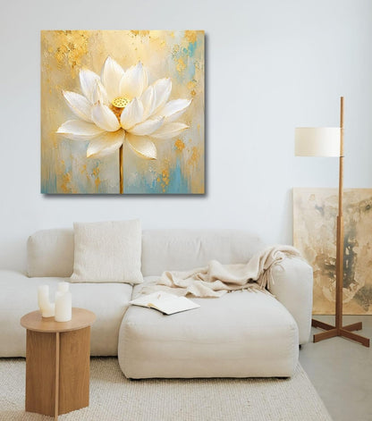 Lotus Flower Painting for Wall Vastu (15+ DESIGNS) Framed Lotus Canvas Painting for Living Room, Bedroom | Nature Floral Wall Art with Multiple Design Variations (White Abstract Lotus, 18x18 Inch, Framed)