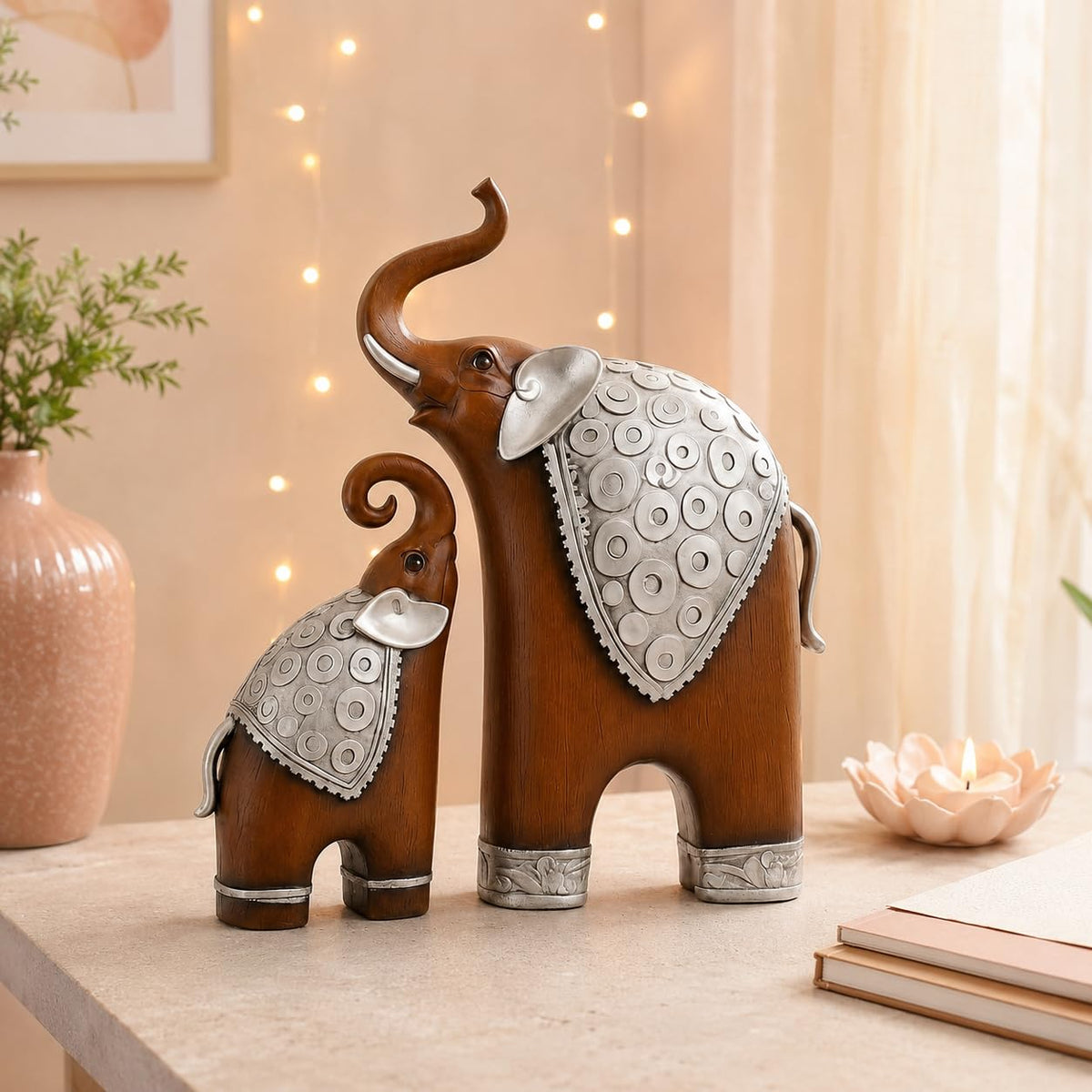 Thai Style Elephant Figurines Mother & Child Elephant Fengshui Resin Sculptures for Home Decor Ornament - (Set of 2, Brown)