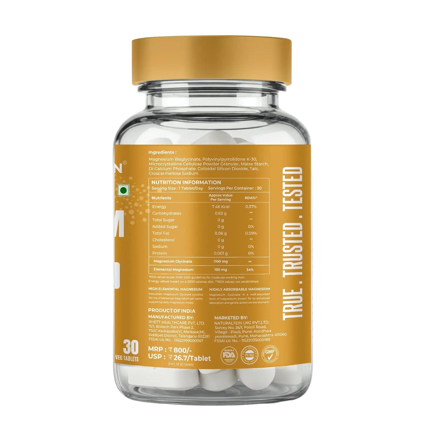 Naturaltein Magnesium Glycinate 1100mg (150mg Elemental) | Chelated High Absorption Magnesium | Supports Sleep Quality & Normal Muscle Function | Glyphosate Tested | 30 Tablets