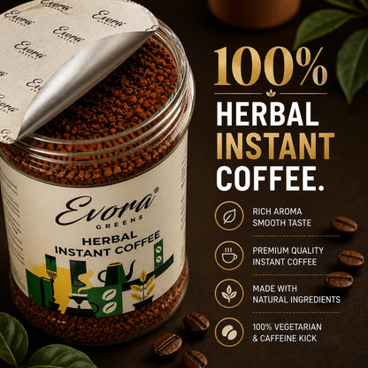 Evora Greens Herbal Instant Coffee | Arabica & Robusta Blend with Functional Herbs | Smooth Strong Taste | Hot & Black Coffee | Makes ~50 Cups | 100g Glass Jar
