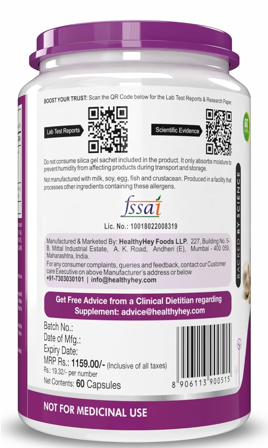 Supplement container with purple label and text on a white background