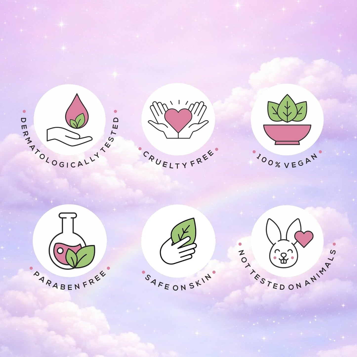 Set of icons representing ethical and safe product claims on a cloud-themed background