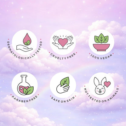 Set of icons representing ethical and safe product claims on a cloud-themed background