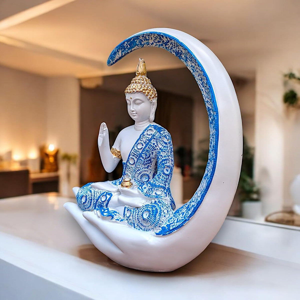 Blue & White Meditating Buddha Idol – Resin Showpiece with Moon & Lotus Hand Base for Home Decor, Office & Spiritual Gift