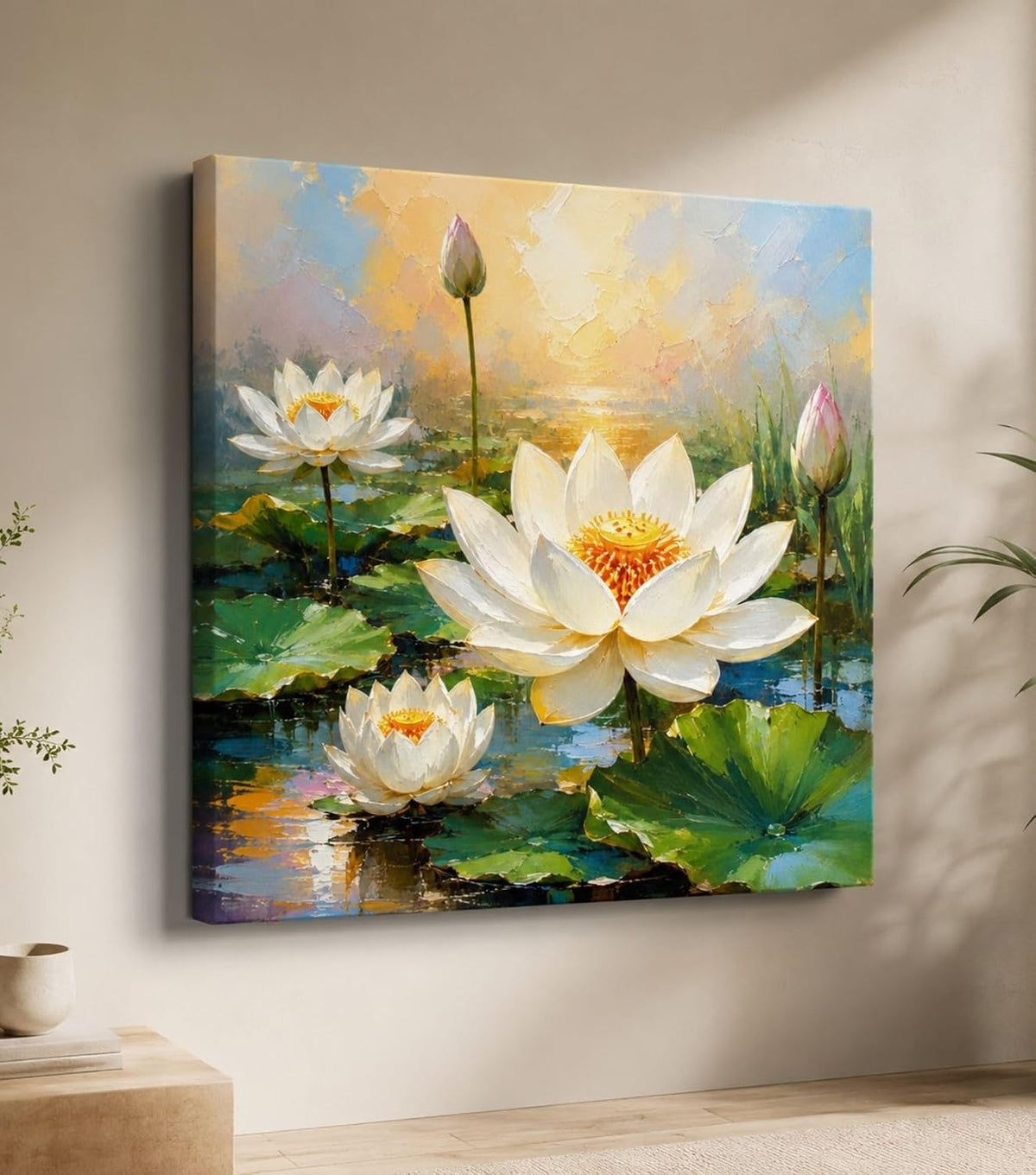 Lotus Flower Painting for Wall Vastu (15+ DESIGNS) Framed Lotus Canvas Painting for Living Room, Bedroom | Nature Floral Wall Art with Multiple Design Variations (White Lotus, 18x18 Inch, Framed)