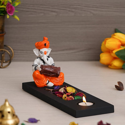 Orange White Resin Lord Ganesha Idol Playing Dholak Showpiece Potpourri Rectangle Tea Light Candle Holder| Ganpati Murti Tea Light Holder Diwali Decoration Items for Home Decor|Diwali Gift