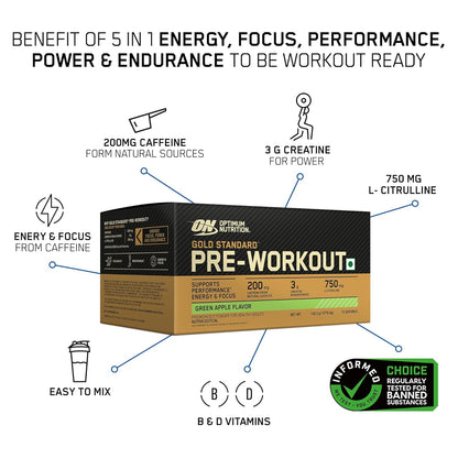 Optimum Nutrition (ON) Gold Standard Pre-Workout- 142.5g/15 single serve packs, For Energy, Focus, Power, Endurance & Performance