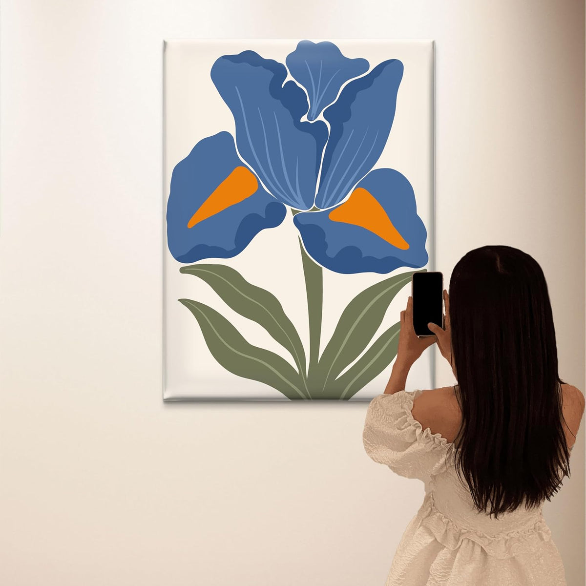 Modern Blue Iris Canvas Wall Art | Abstract Floral Painting with Orange Accent | Elegant Botanical Print on Beige Background | Ready to Hang for Living Room & Bedroom (18 x 24 Inch) CVD-448