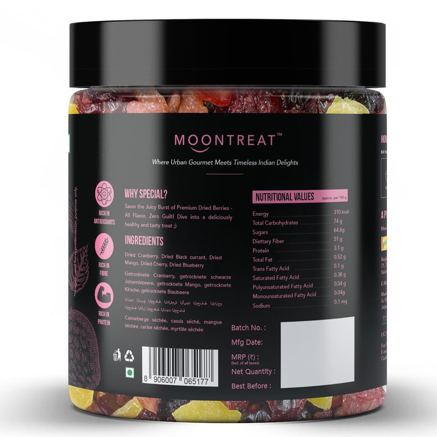 Moontreat Premium Mixed Berries, Unsalted, 360 gm (Dried Blueberry, Cranberry, Black Currant, Strawberry, Cherry, Mango, Raisin) | Dried Berries | Antioxidant Rich | Healthy Snack for Kids and Adults