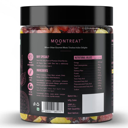 Moontreat Premium Mixed Berries, Unsalted, 360 gm (Dried Blueberry, Cranberry, Black Currant, Strawberry, Cherry, Mango, Raisin) | Dried Berries | Antioxidant Rich | Healthy Snack for Kids and Adults