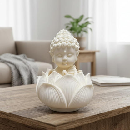 eCraftIndia White Lotus Baby Buddha Statue Showpiece for Home Decor | Living Room, Bedroom, Office & Car Dashboard