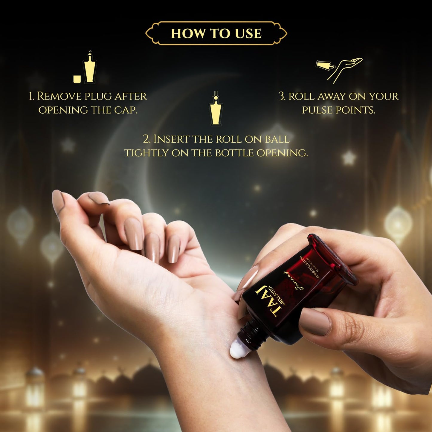 Instructions on how to use a perfume bottle with a dark background and blurred lights.