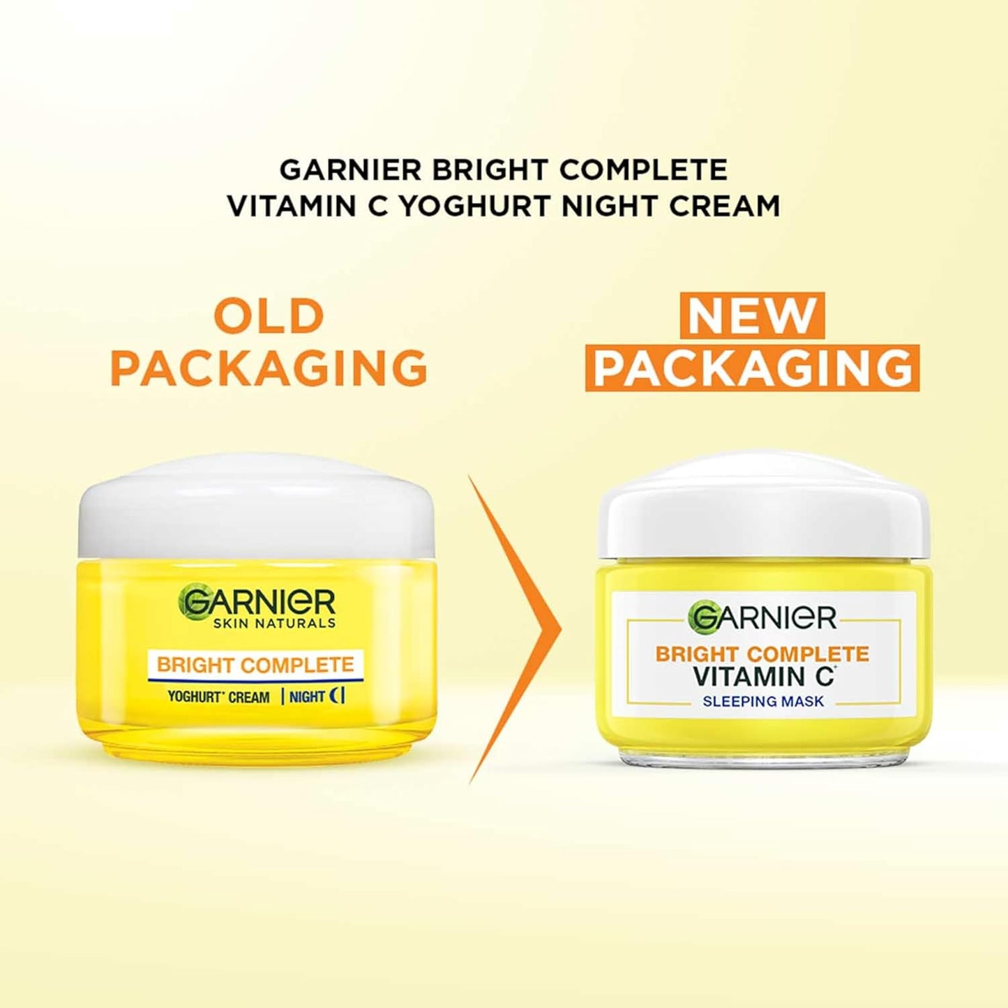 Comparison of Garnier Bright Complete Vitamin C skincare product packaging on a yellow background.