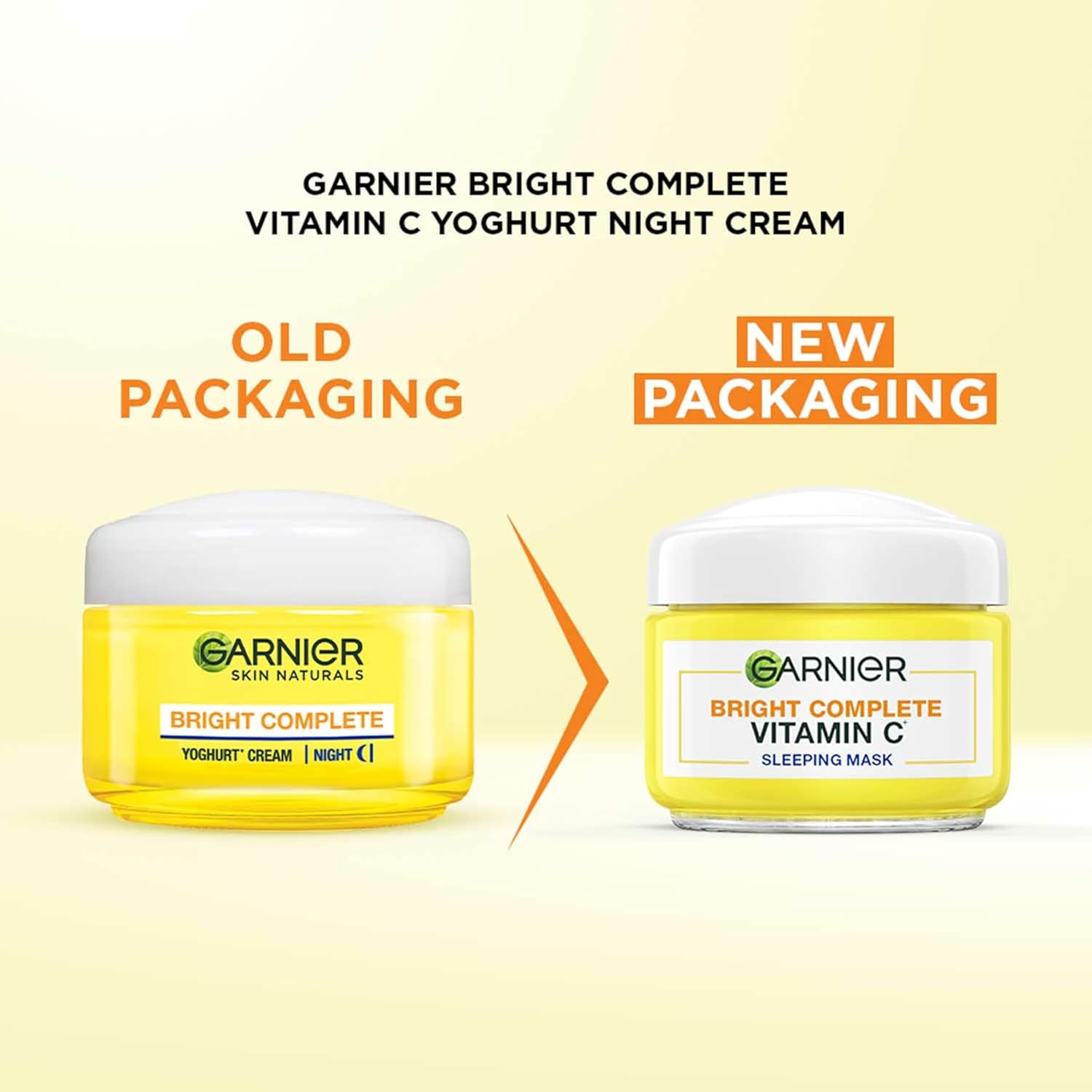 Comparison of Garnier Bright Complete Vitamin C skincare product packaging on a yellow background.