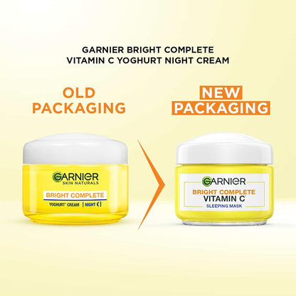 Comparison of Garnier Bright Complete Vitamin C skincare product packaging on a yellow background.