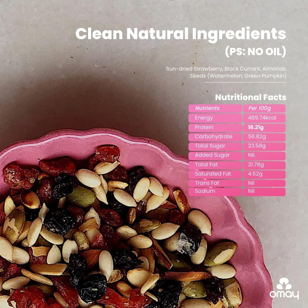 Omay Foods Strawberry Blast Trail Mix, 160g Jar | Dried Strawberry and Black Currant | Roasted Almonds, Pumpkin and Watermelon Seeds | Antioxidant Rich | Healthy Snack | Seeds and Berries Mix