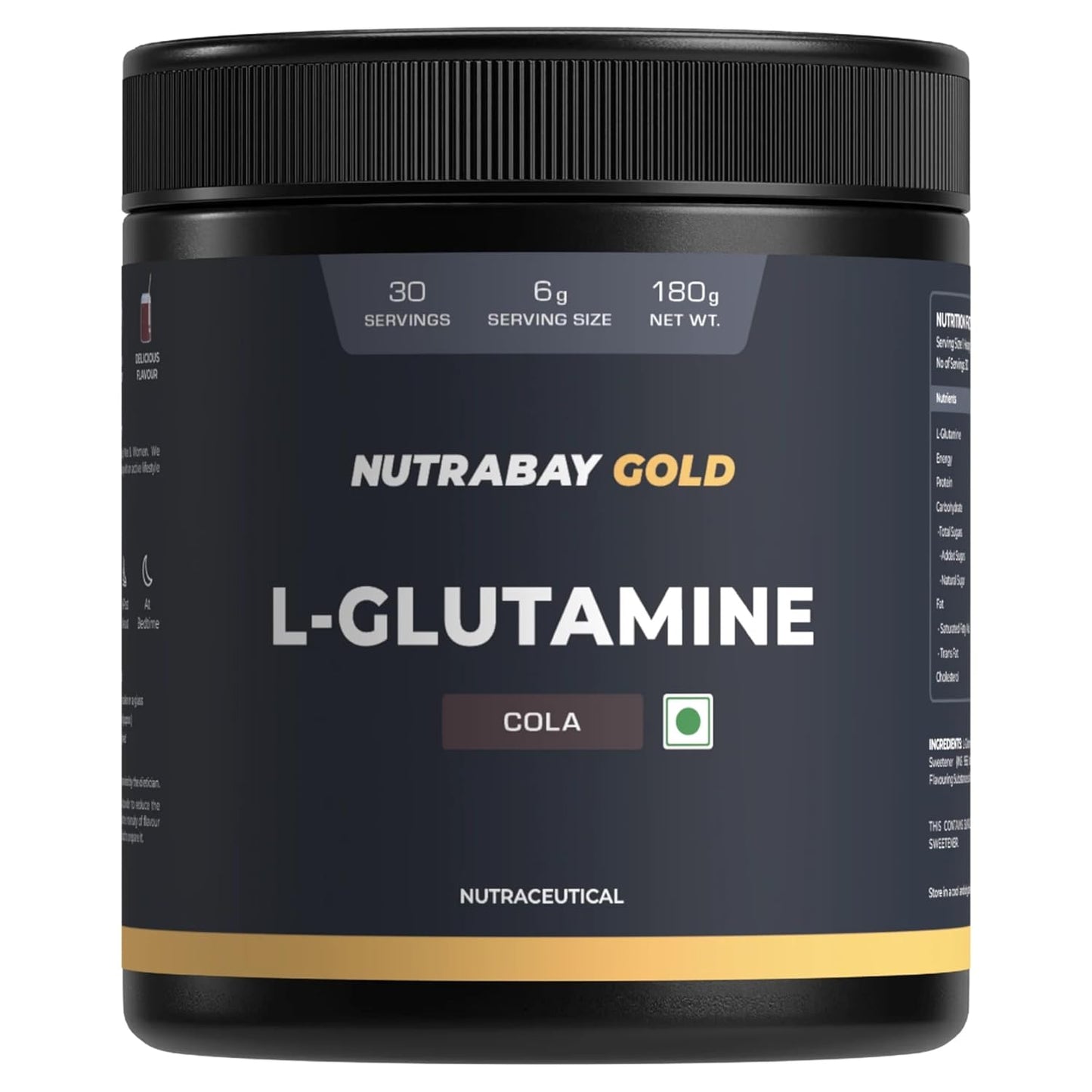 Nutrabay Gold L-Glutamine supplement container with cola flavor on a white background