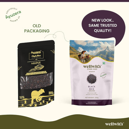 Wellwith (Ayuzera) Black Rice Gluten Free 250g | Chak Hao | Organic Karuppu Kavuni |100% Natural & Organic | Forbidden Manipuri Rice (Pack of 1)