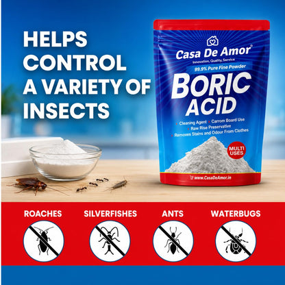 Casa De Amor Boric Acid - 99.9% Pure Fine Powder (100 gms) | Highly Effective for Removing Pests Cockroaches, Ants, Silverfishes, for Carrom Board, Rice Preservative, Multi-Purpose, Anhydrous
