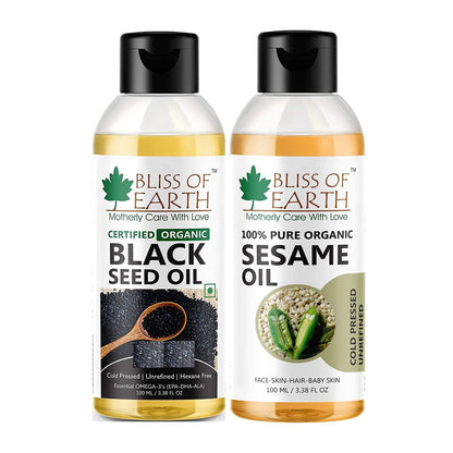Bliss of Earth 100ML Certified Organic Black Seed Oil+Organic Sesame Oil 100ML. Coldpressed & Unrefined (Pack of 2)