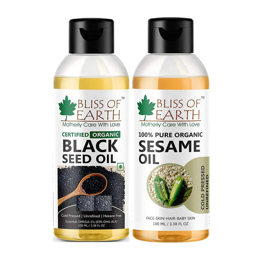 Bliss of Earth 100ML Certified Organic Black Seed Oil+Organic Sesame Oil 100ML. Coldpressed & Unrefined (Pack of 2)