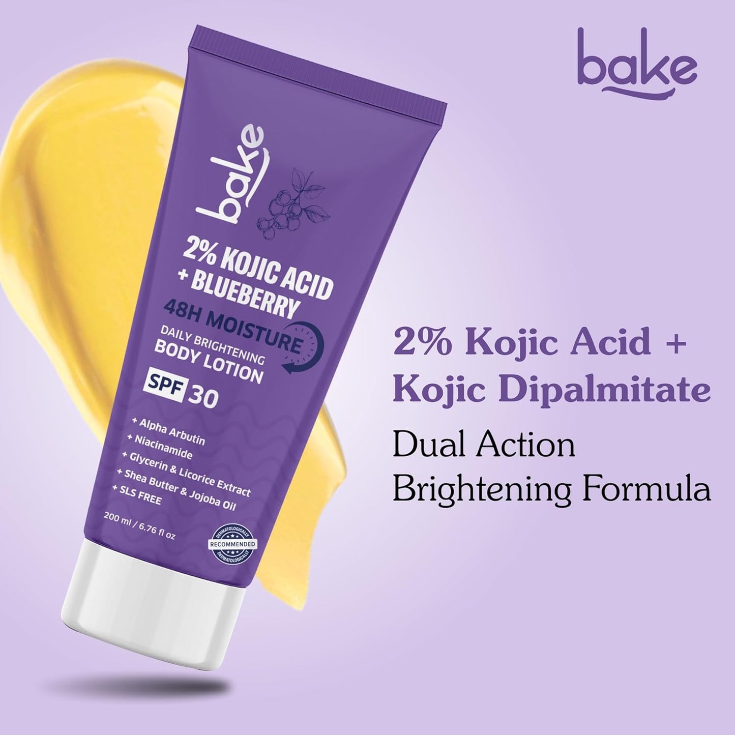 BAKE 2% Kojic Acid Brightening Body Lotion (200 ml) with Niacinamide & SPF 30 PA+++ for Pigmentation & Tan Removal | For Dark Spots & Sun Protection | De-Tan Body Lotion | Tanned & Pigmented Skin | For Women & Men