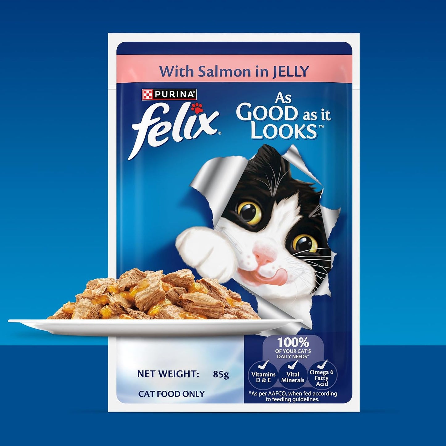 Purina Felix Salmon in Jelly, Wet Food for Adult Cats, 85g Pouch | With Salmon in Jelly, Tasty Meaty Chunks, 100% Complete & Balanced Nutrition, Vitamins D & E, Omega 6, Essential Minerals