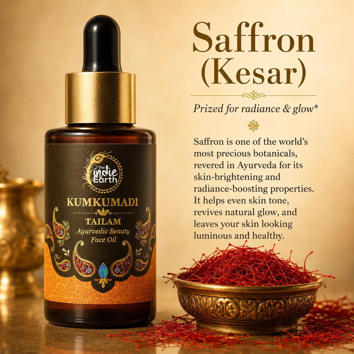 The Indie Earth Kumkumadi Tailam 30 ml | An Ayurvedic Beauty Face Oil | Miraculous Beauty Night Serum for Brighter, Glowing & Younger Looking Skin with Turmeric, Saffron, Blue Lotus & Indian Lotus