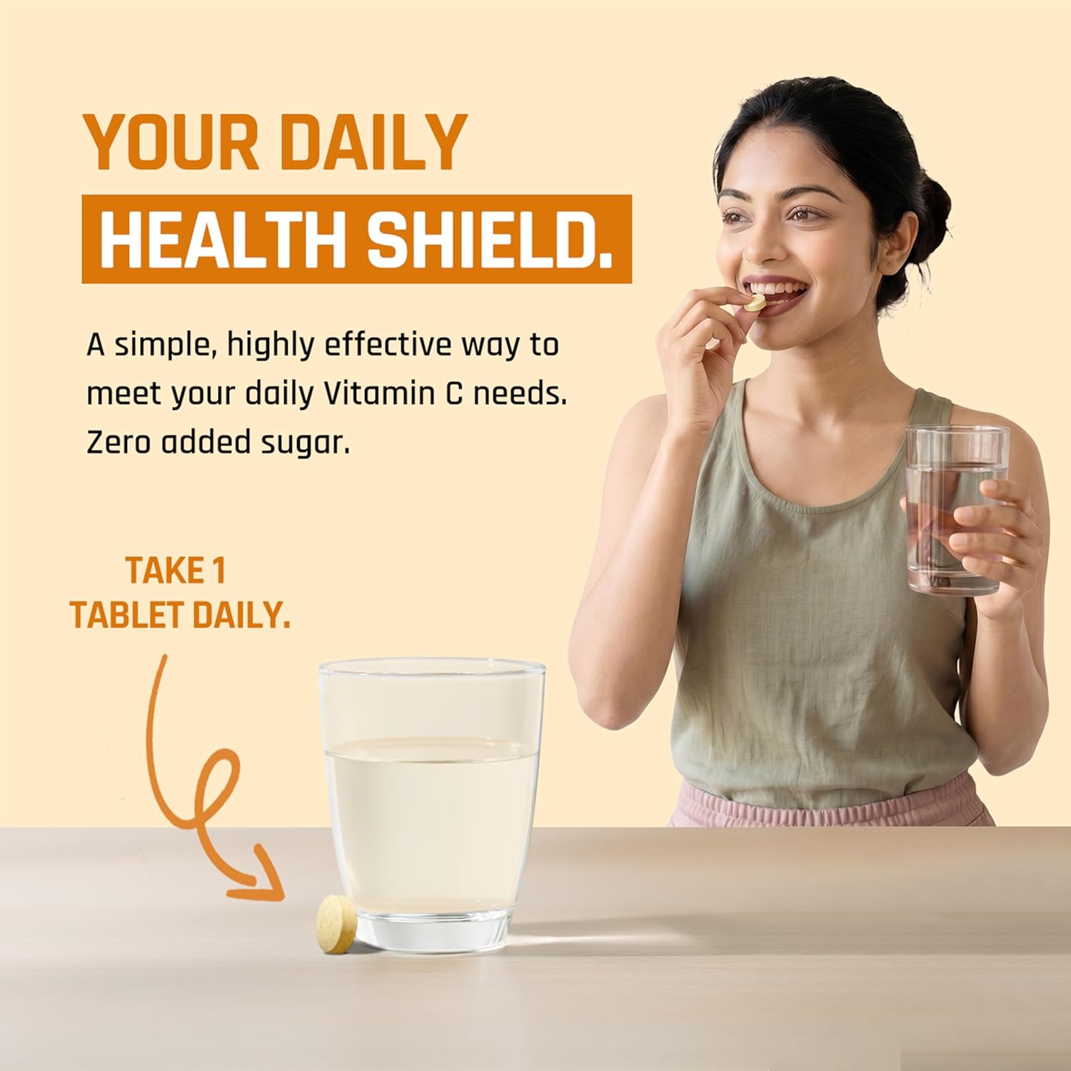 Woman eating a snack and holding a glass of water with text about daily health shield and vitamin C supplement.