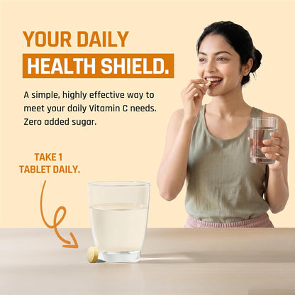 Woman eating a snack and holding a glass of water with text about daily health shield and vitamin C supplement.