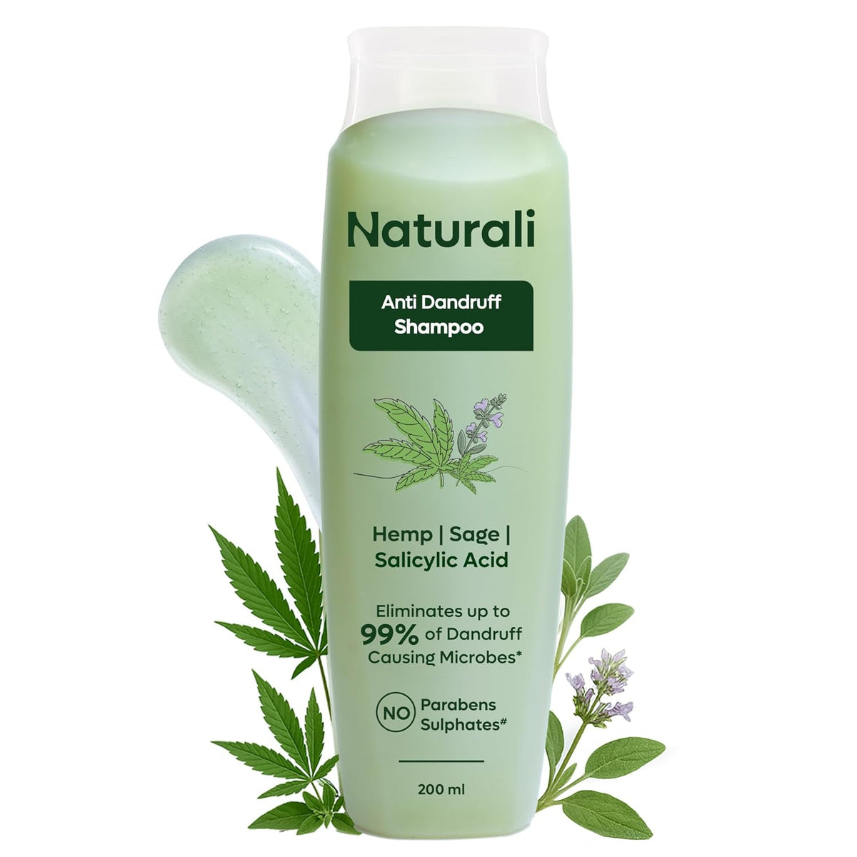 Green shampoo bottle labeled 'Naturali' with cannabis leaves and sage plant on a white background