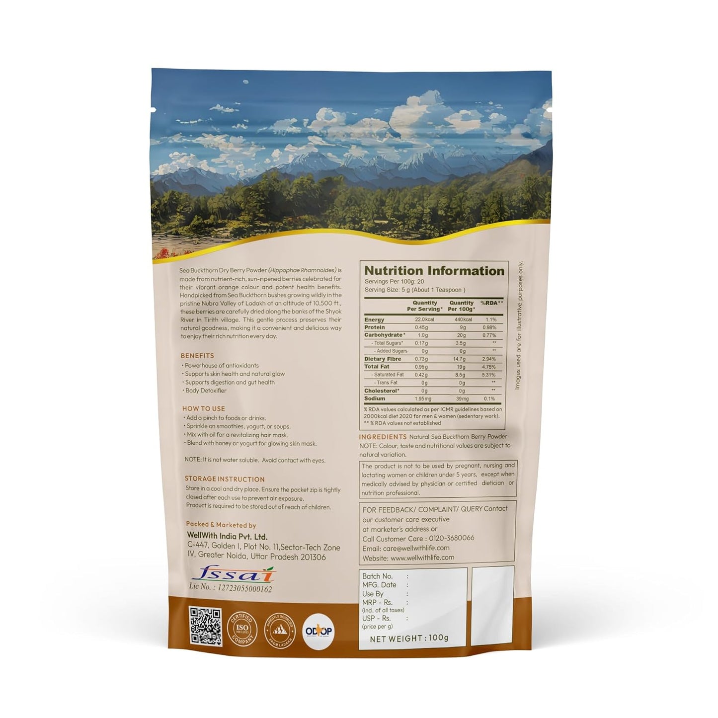 Wellwith by Ayuzera Sea buckthorn Berry Skin Powder 100g | Rich in Vitamin C | No oil | Edible | Fiber, Omegas | Dry Seabuckthorn Himalayan Berry Powder | Pack of 1