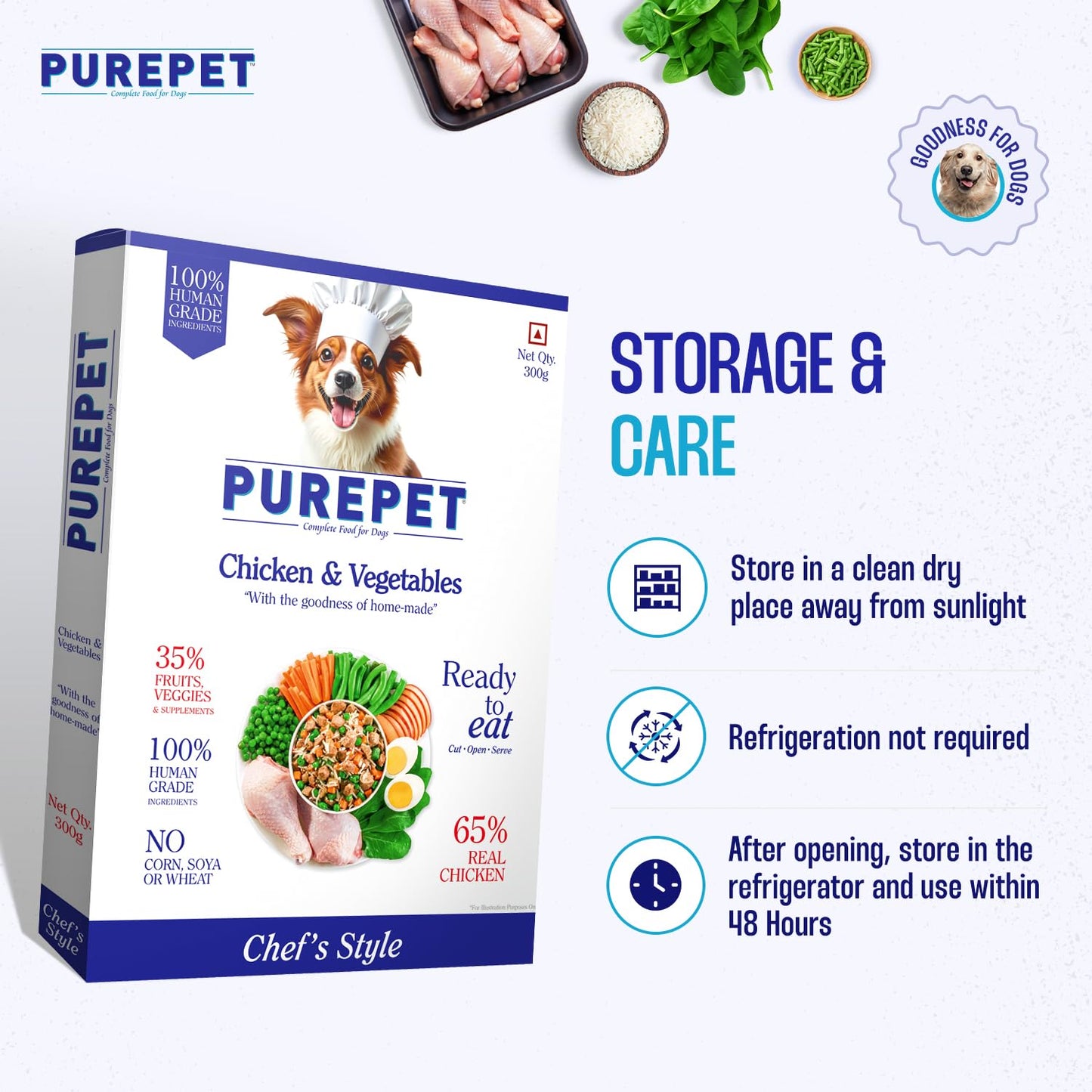 Purepet Fresh Dog Food 300g | Chicken & Vegetables for Adults & Puppies | High Protein, 65% Real Chicken, 35% Fruits & Veggies | No Preservatives | Ready to Serve | All Breeds | Single Meal Pack