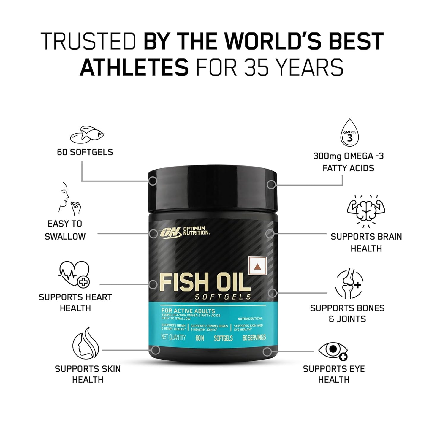 Optimum Nutrition (ON) Fish Oil - 60 Capsules, 300mg EPA/DHA Omega -3 Fatty Acids for Strong Bones-Healthy Joints, Brain, Heart, Skin & Eye Health