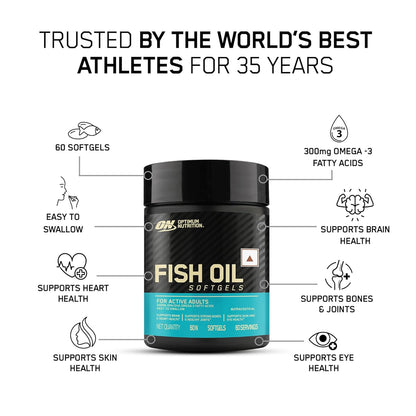 Optimum Nutrition (ON) Fish Oil - 60 Capsules, 300mg EPA/DHA Omega -3 Fatty Acids for Strong Bones-Healthy Joints, Brain, Heart, Skin & Eye Health