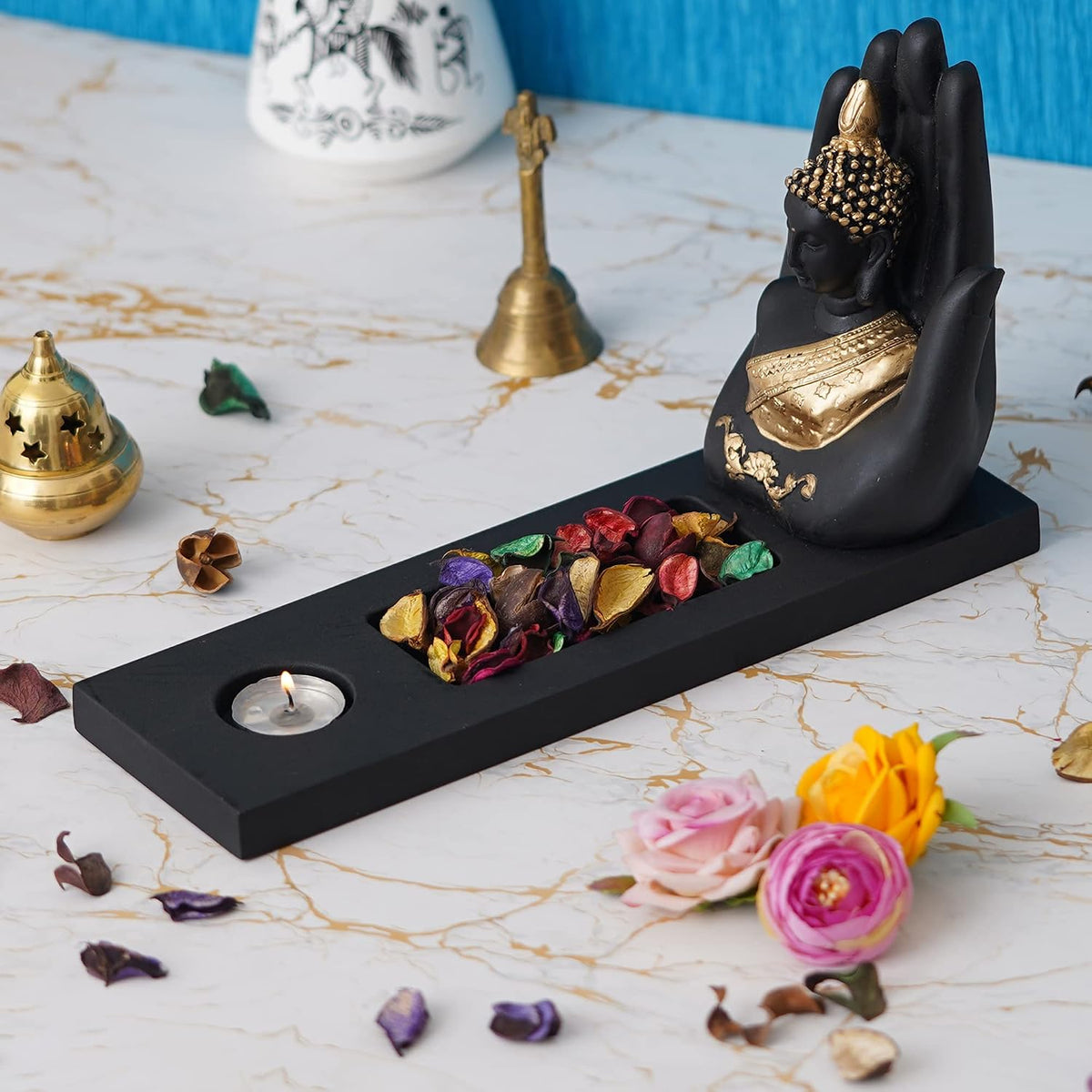 eCraftIndia Gold & Black Polyresin Palm Buddha Showpiece with Rectangle Wooden Base, Fragranced Petals & Tealight